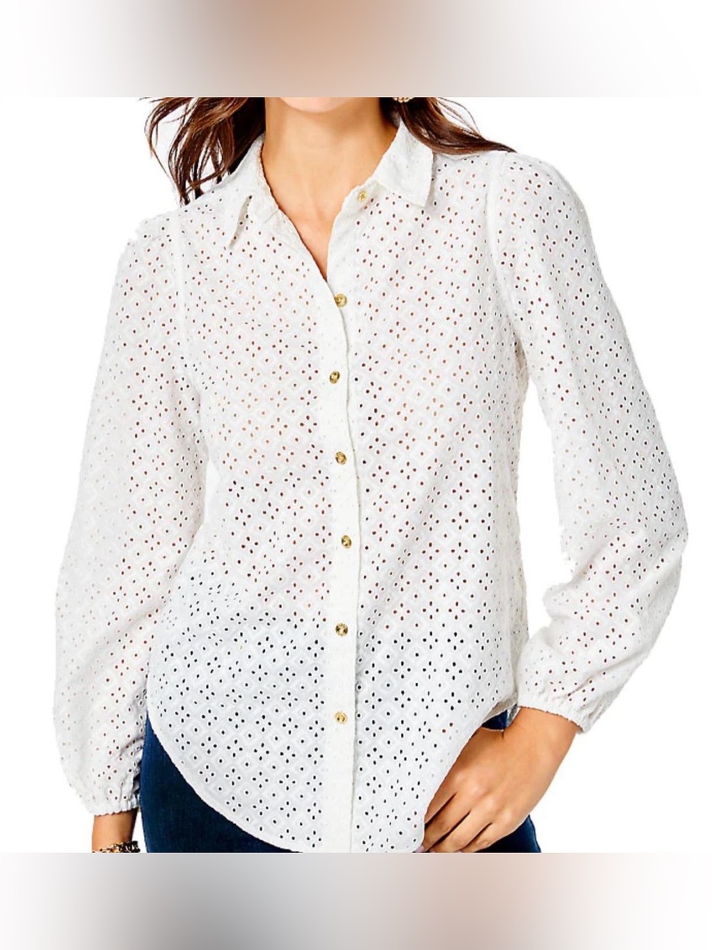 Lilly Pulitzer White Sea View Eyelet Gold Puff Sleeve Button Down Size XS